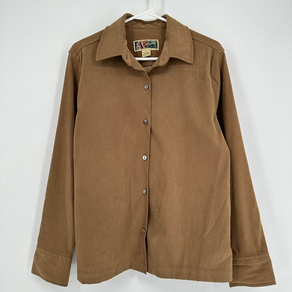 La Cabana Faux Suede Shirt Jacket Womens Large Western Snap Button Tan Cowgirl